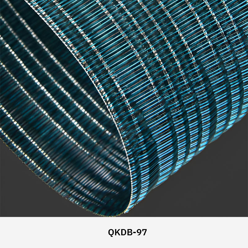 FibraMetis QKDB interior metal drapery used as a decorative wall panel, featuring woven wire fabric in custom colors and patterns