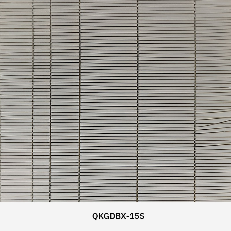 GlasMetis QKGDBX wire mesh laminated glass panel with metallic mesh layer, shown in custom finish for modern interiors