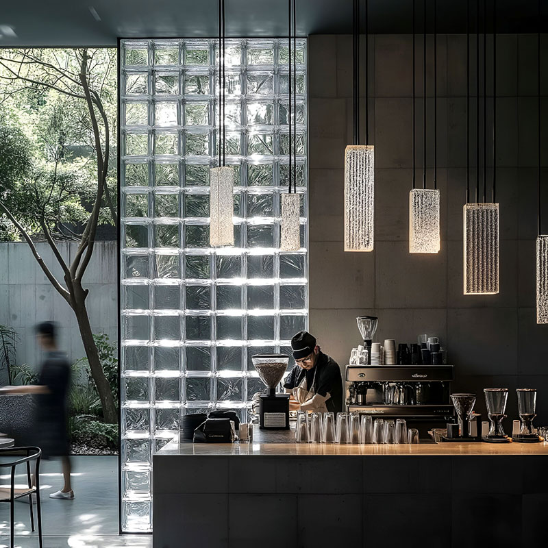 Clarus JH0AS Artistic Glass Blocks including Square Hole, Round Hole, Cloudy, Big Corner, and Tangerine Skin designs for interiors