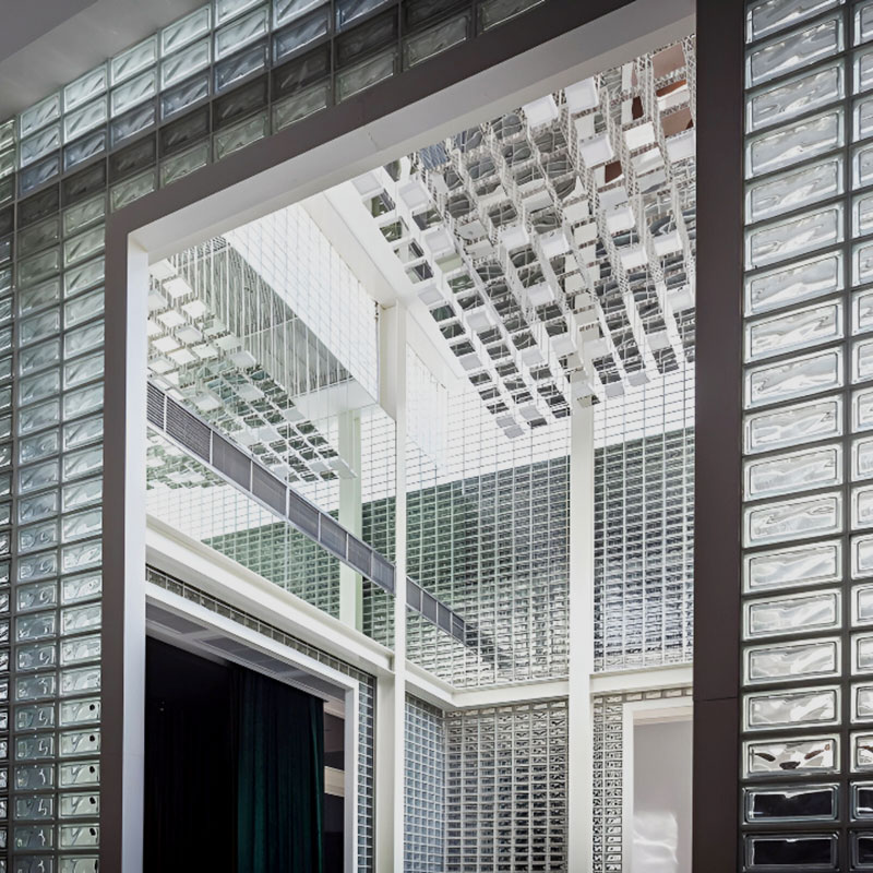 Clarus JH0AS Artistic Glass Blocks including Square Hole, Round Hole, Cloudy, Big Corner, and Tangerine Skin designs for interiors