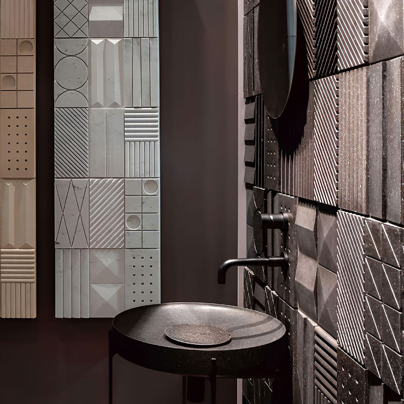 Geometric interior wall tile with sculptural texture in UHPC, ideal for modern feature walls in residential and commercial spaces.