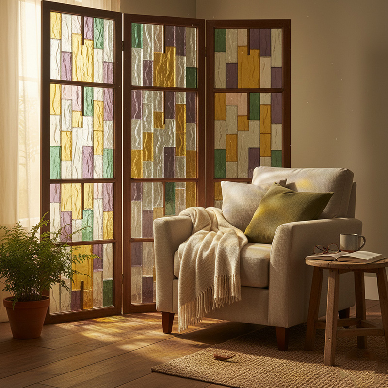 ORNVITRUM YZ0COTR colored textured glass panels for modern interior partitions and wall designs.