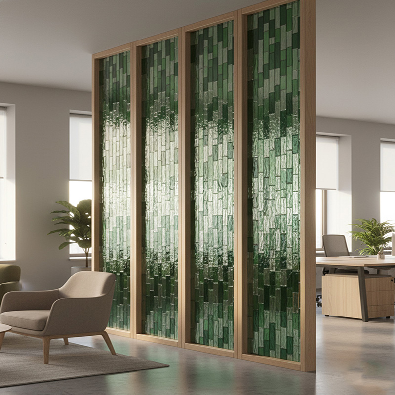ORNVITRUM YZ0COTR colored textured glass panels for modern interior partitions and wall designs.