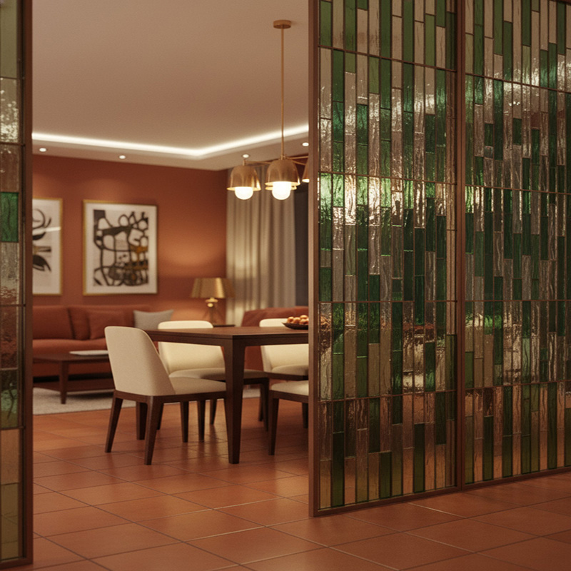 ORNVITRUM YZ0COTR colored textured glass panels for modern interior partitions and wall designs.