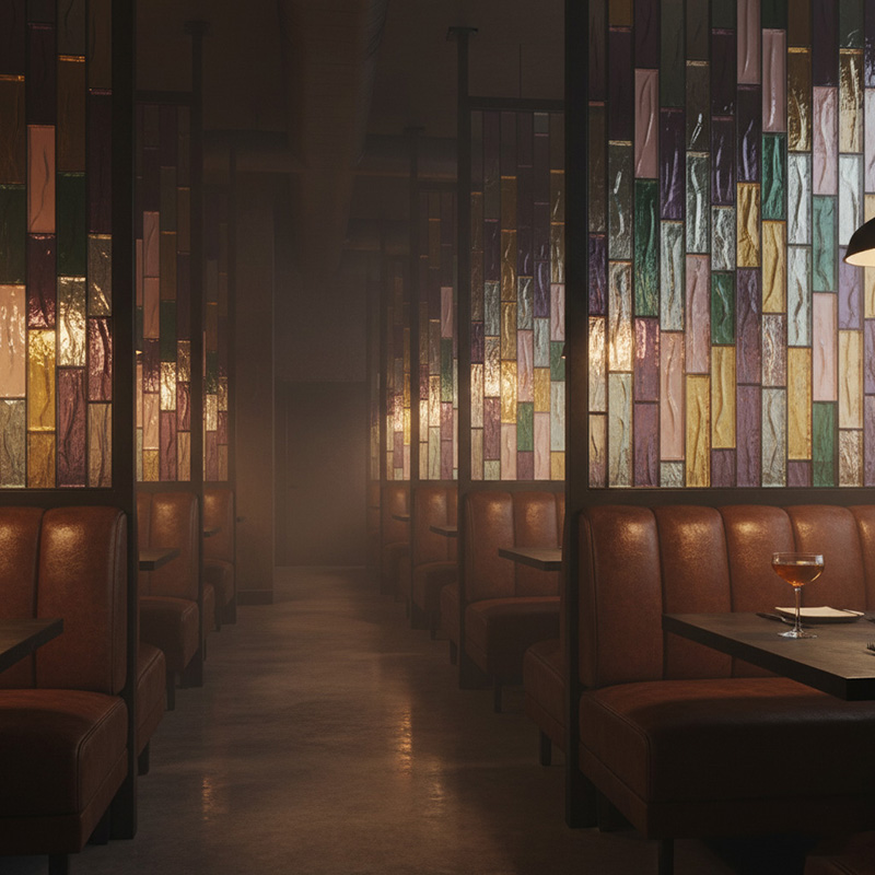 ORNVITRUM YZ0COTR colored textured glass panels for modern interior partitions and wall designs.