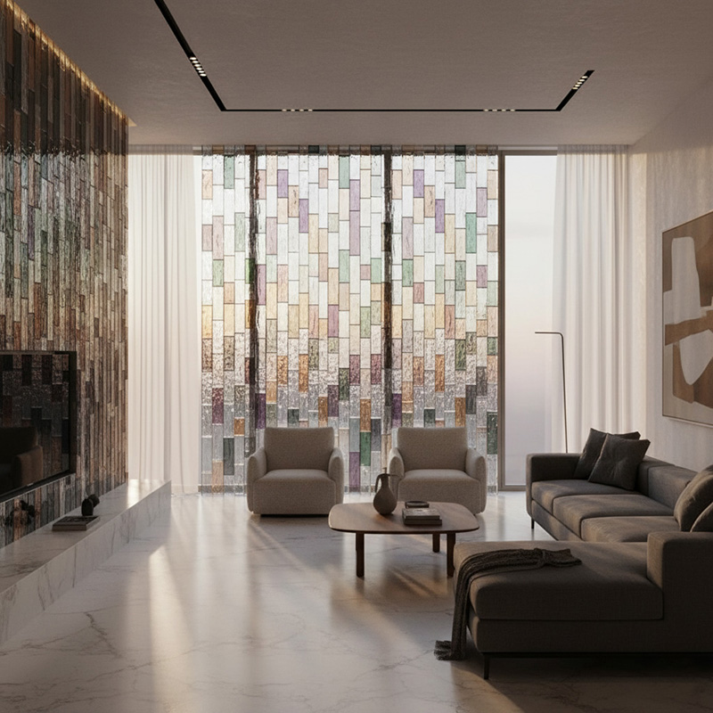 ORNVITRUM YZ0COTR colored textured glass panels for modern interior partitions and wall designs.