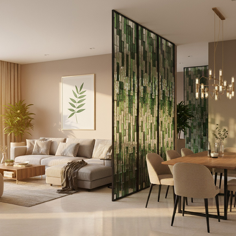 ORNVITRUM YZ0COTR colored textured glass panels for modern interior partitions and wall designs.