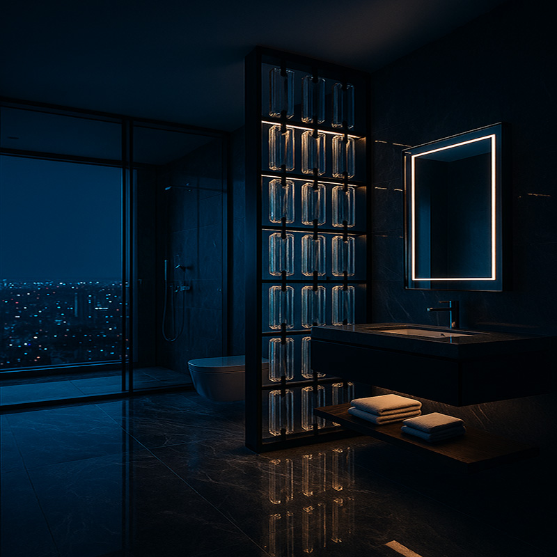 ORNVITRUM YZ0CSR Clear Slim Glass Bricks — transparent, lightweight crystal glass bricks for modern interior wall design and light-filled partitions.
