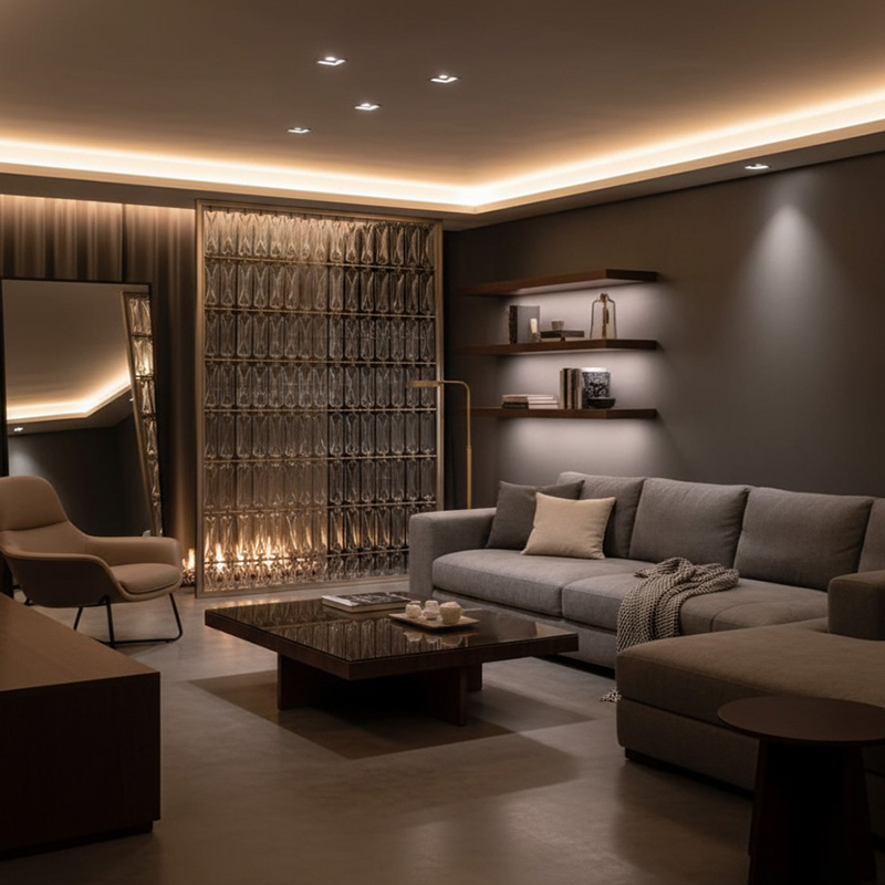 ORNVITRUM YZ0CSR Clear Slim Glass Bricks — transparent, lightweight crystal glass bricks for modern interior wall design and light-filled partitions.