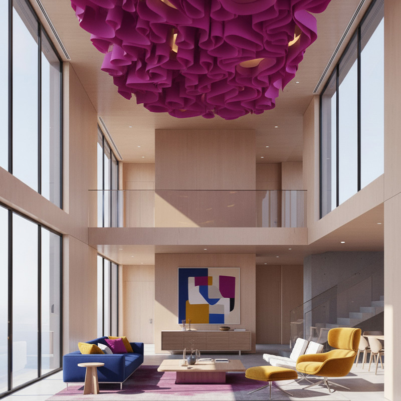 Colorful modern paper ceiling design by TEXTURA CMPC featuring eco-friendly DuPont paper and vibrant ceiling textures.