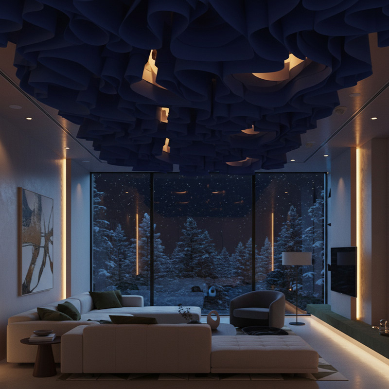 Colorful modern paper ceiling design by TEXTURA CMPC featuring eco-friendly DuPont paper and vibrant ceiling textures.