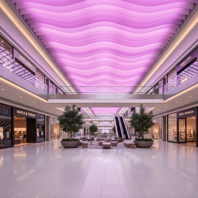 Colorful modern paper ceiling design by TEXTURA CMPC featuring eco-friendly DuPont paper and vibrant ceiling textures.