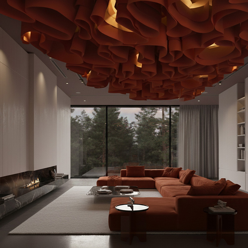Colorful modern paper ceiling design by TEXTURA CMPC featuring eco-friendly DuPont paper and vibrant ceiling textures.