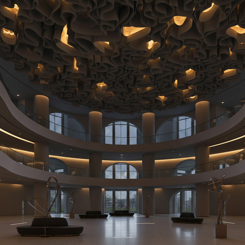 Colorful modern paper ceiling design by TEXTURA CMPC featuring eco-friendly DuPont paper and vibrant ceiling textures.