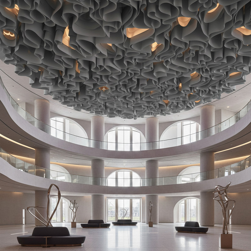 Colorful modern paper ceiling design by TEXTURA CMPC featuring eco-friendly DuPont paper and vibrant ceiling textures.