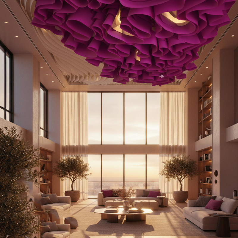 Colorful modern paper ceiling design by TEXTURA CMPC featuring eco-friendly DuPont paper and vibrant ceiling textures.