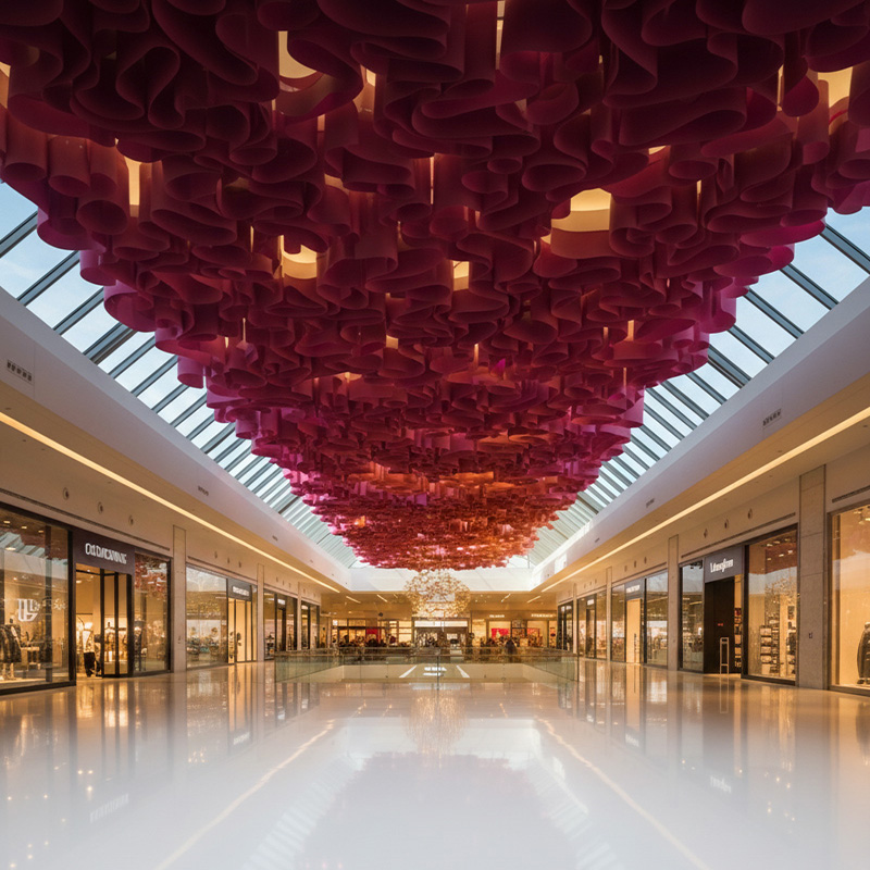 Colorful modern paper ceiling design by TEXTURA CMPC featuring eco-friendly DuPont paper and vibrant ceiling textures.