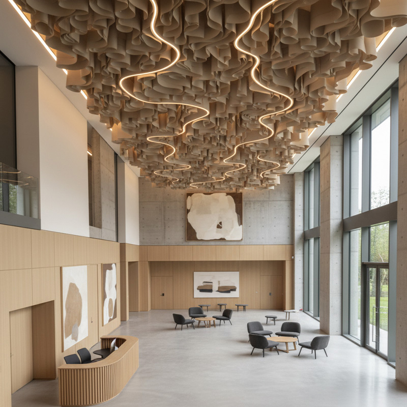 Colorful modern paper ceiling design by TEXTURA CMPC featuring eco-friendly DuPont paper and vibrant ceiling textures.