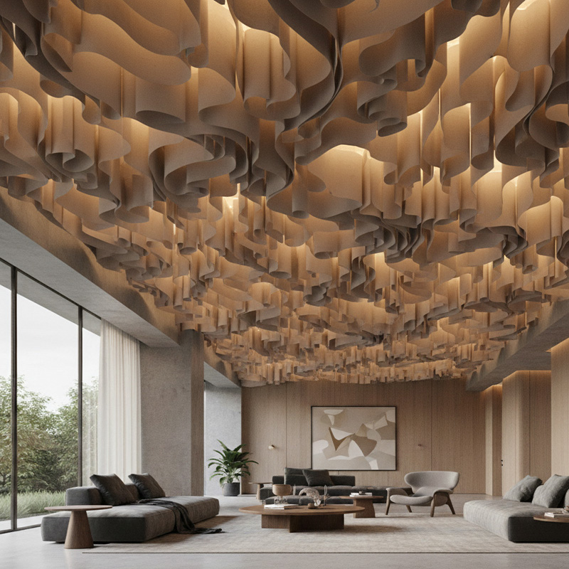 Colorful modern paper ceiling design by TEXTURA CMPC featuring eco-friendly DuPont paper and vibrant ceiling textures.