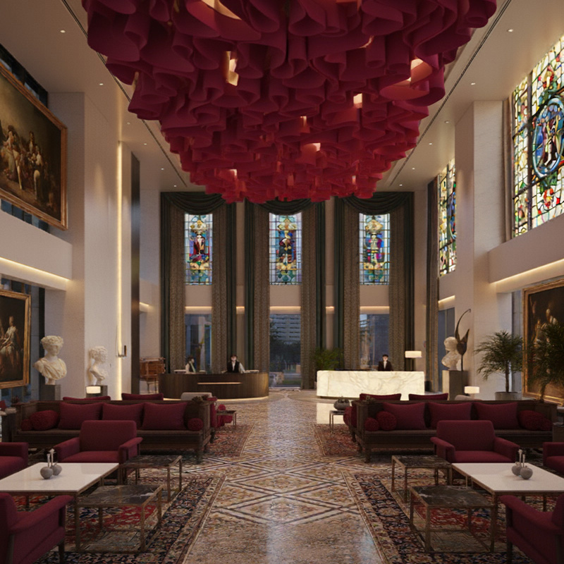 Colorful modern paper ceiling design by TEXTURA CMPC featuring eco-friendly DuPont paper and vibrant ceiling textures.