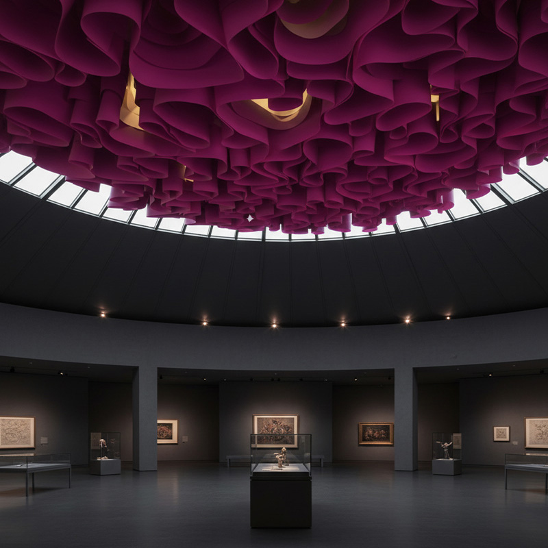 Colorful modern paper ceiling design by TEXTURA CMPC featuring eco-friendly DuPont paper and vibrant ceiling textures.