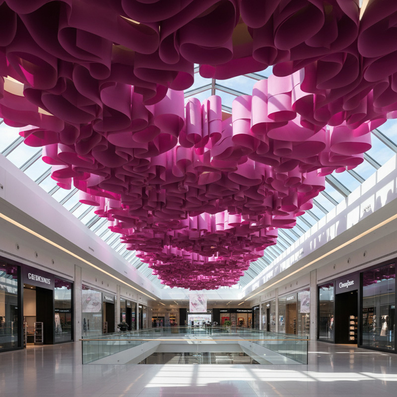 Colorful modern paper ceiling design by TEXTURA CMPC featuring eco-friendly DuPont paper and vibrant ceiling textures.