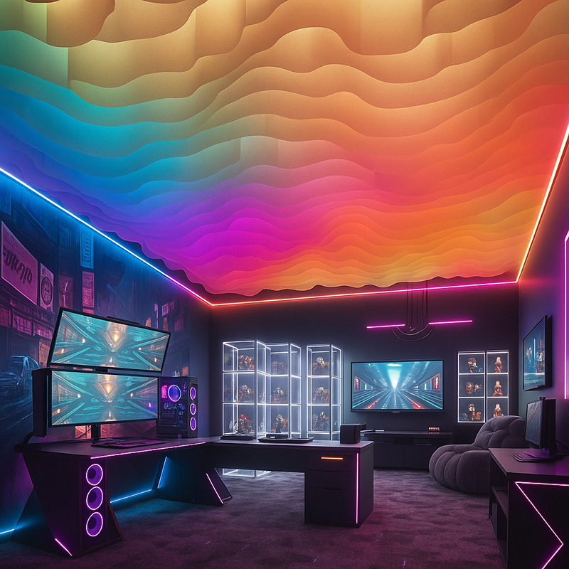 Colorful modern paper ceiling design by TEXTURA CMPC featuring eco-friendly DuPont paper and vibrant ceiling textures.