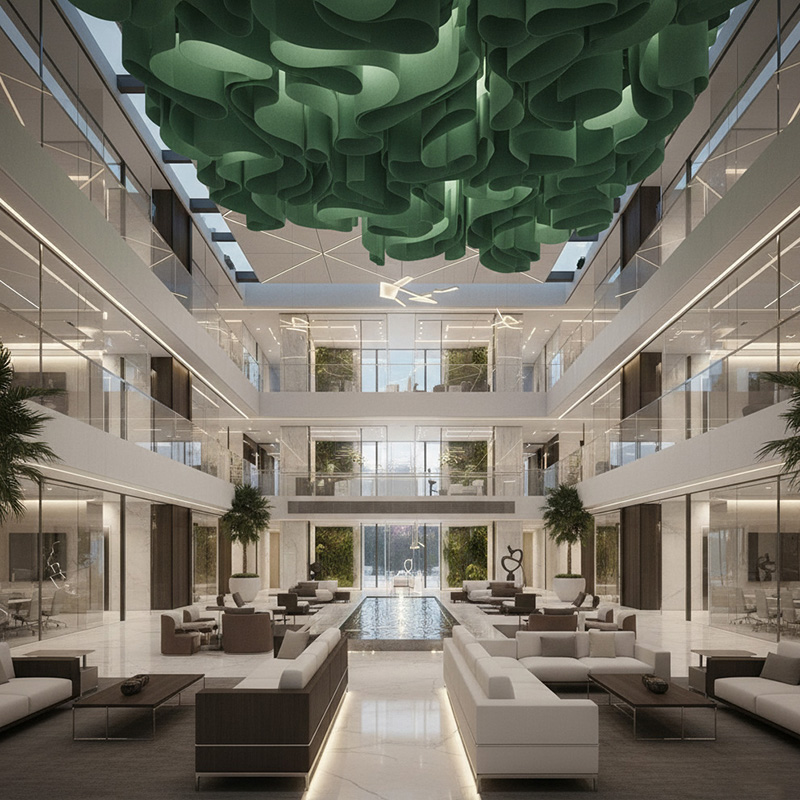 Colorful modern paper ceiling design by TEXTURA CMPC featuring eco-friendly DuPont paper and vibrant ceiling textures.