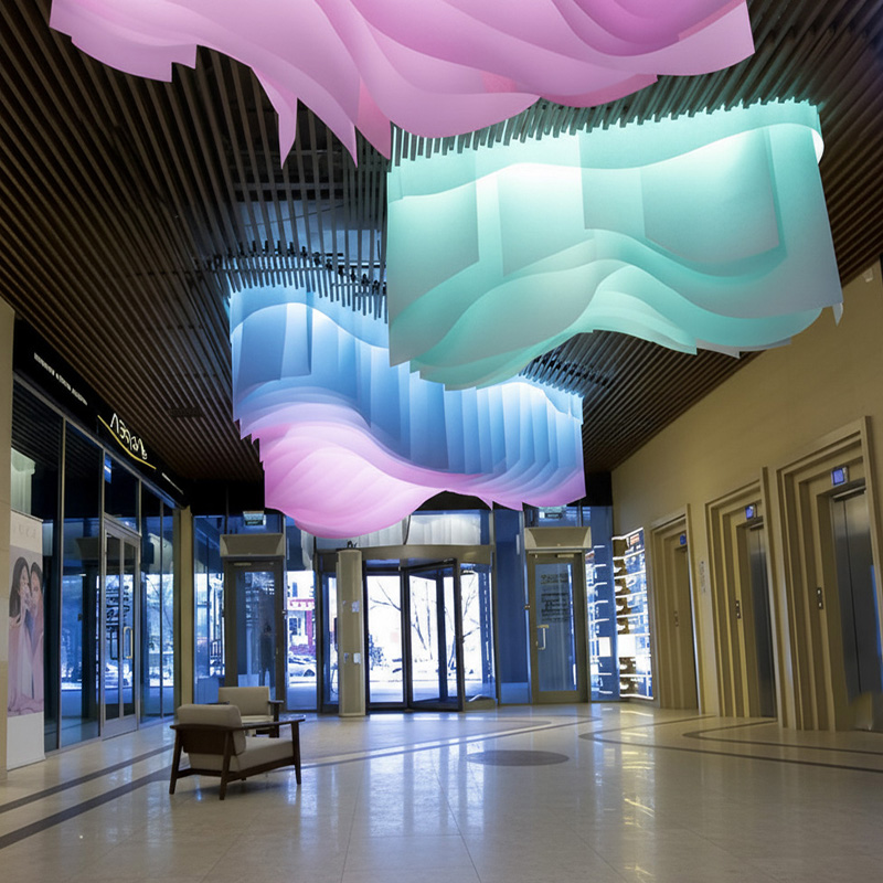 Colorful modern paper ceiling design by TEXTURA CMPC featuring eco-friendly DuPont paper and vibrant ceiling textures.