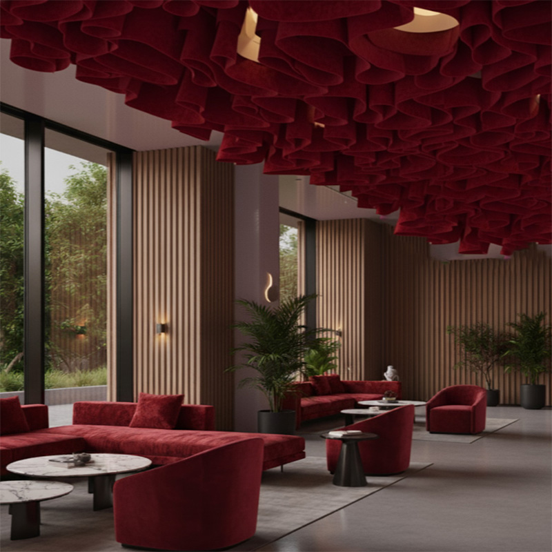 Colorful modern paper ceiling design by TEXTURA CMPC featuring eco-friendly DuPont paper and vibrant ceiling textures.