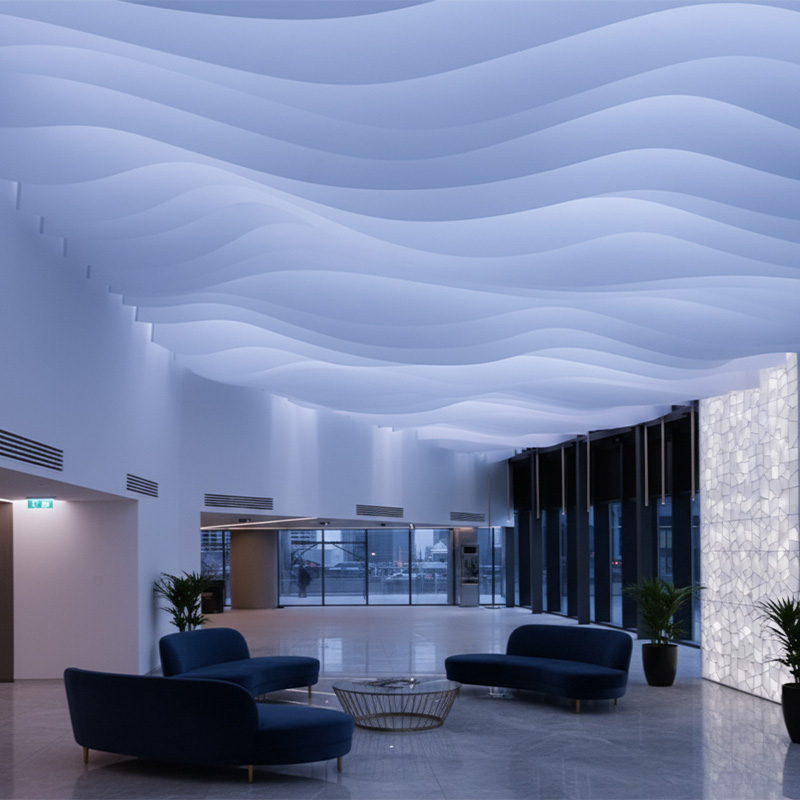 Colorful modern paper ceiling design by TEXTURA CMPC featuring eco-friendly DuPont paper and vibrant ceiling textures.
