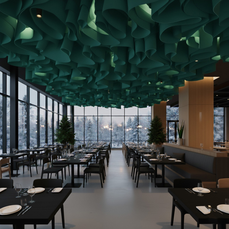 Colorful modern paper ceiling design by TEXTURA CMPC featuring eco-friendly DuPont paper and vibrant ceiling textures.