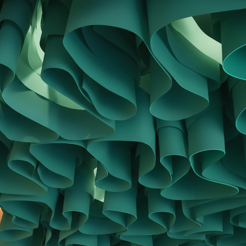 Colorful modern paper ceiling design by TEXTURA CMPC featuring eco-friendly DuPont paper and vibrant ceiling textures.