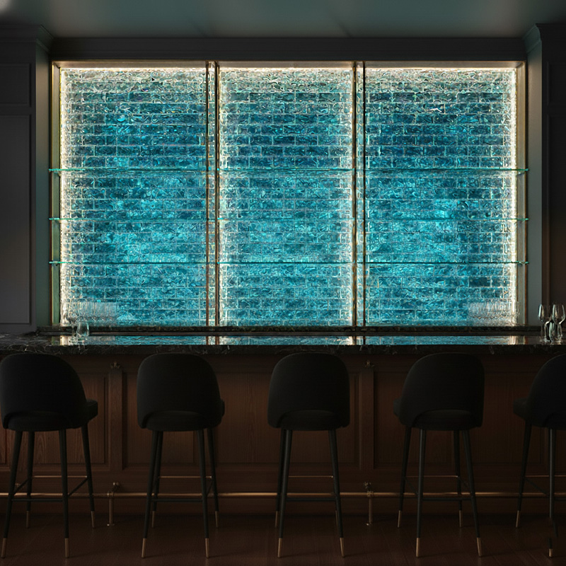 VITRALIS-DCGB decorative colored glass block with amber ice pattern, used for interior partitions and wall designs.