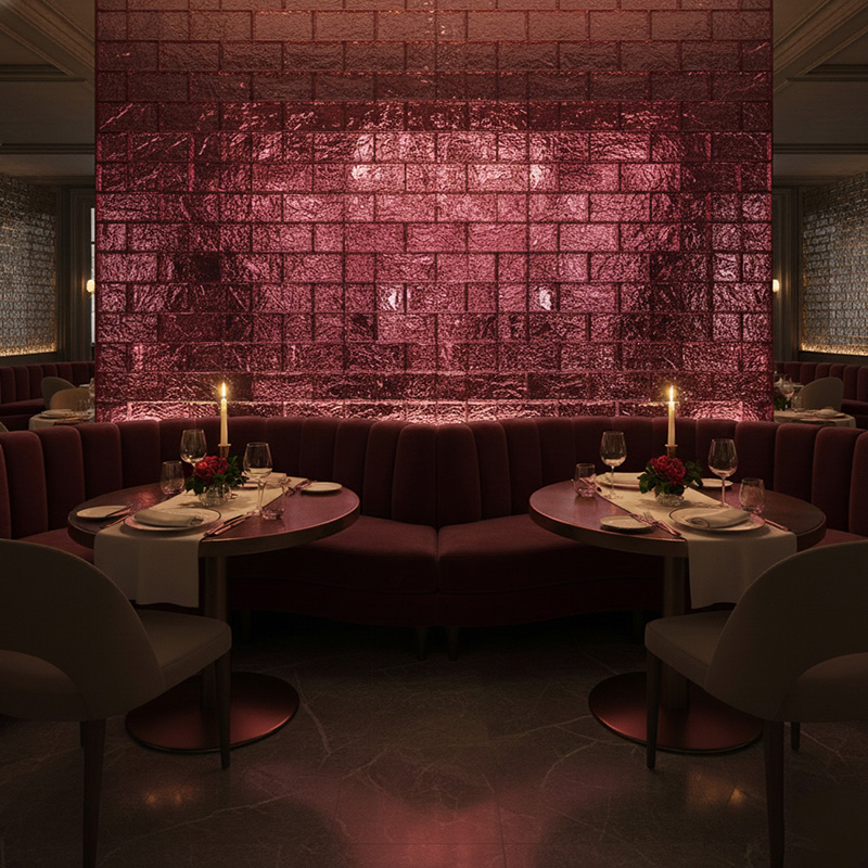 VITRALIS-DCGB decorative colored glass block with amber ice pattern, used for interior partitions and wall designs.