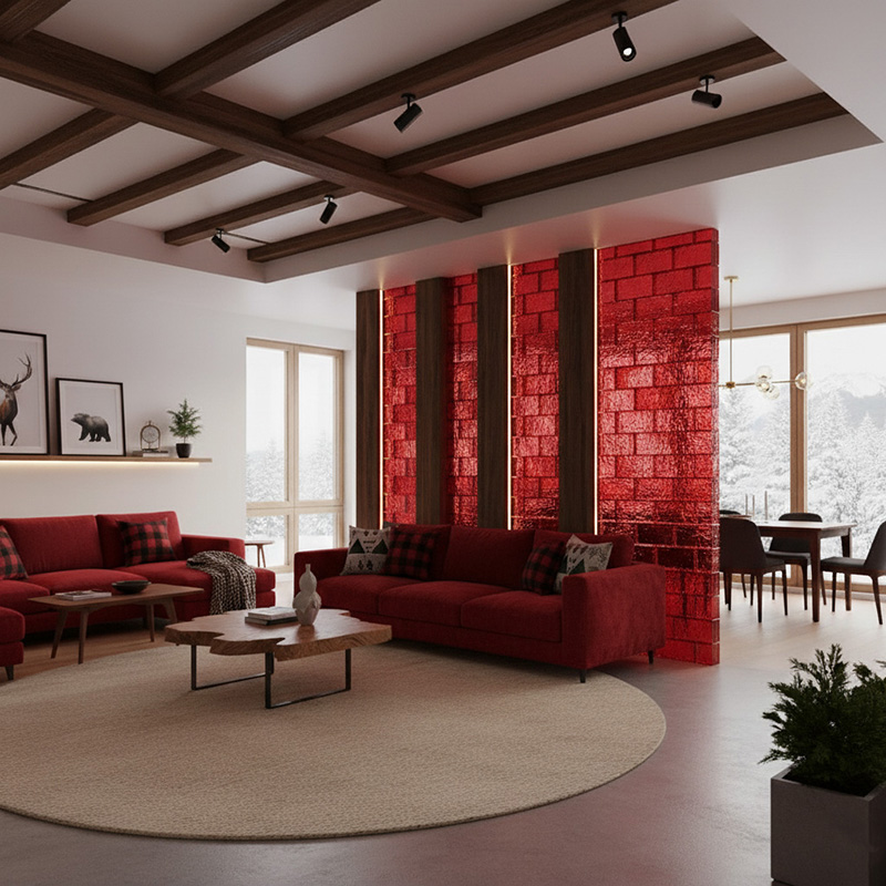 VITRALIS-DCGB decorative colored glass block with amber ice pattern, used for interior partitions and wall designs.