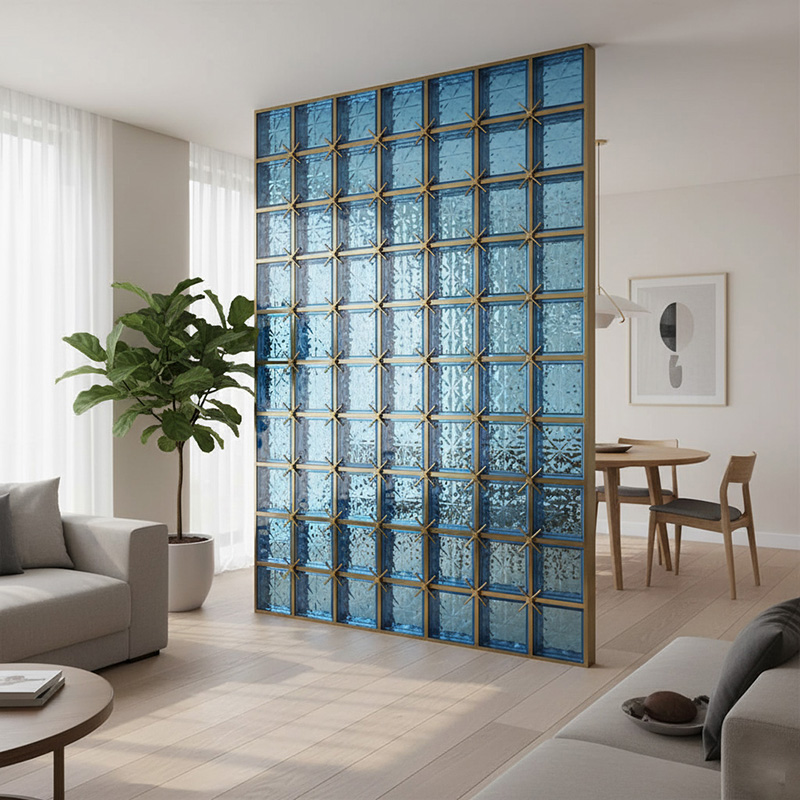 Colored modern decorative glass tile collection by ORNVITRUM featuring textured crystal and hot-melt glass panels for interior partitions and walls.