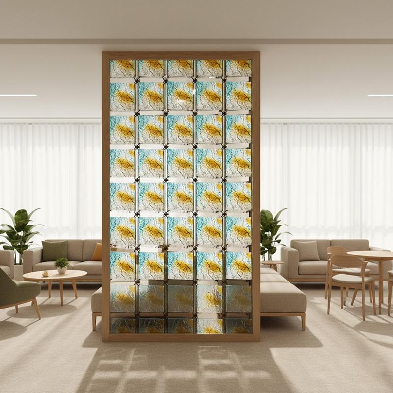Colored modern decorative glass tile collection by ORNVITRUM featuring textured crystal and hot-melt glass panels for interior partitions and walls.