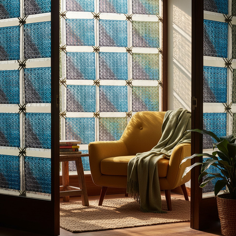 Colored modern decorative glass tile collection by ORNVITRUM featuring textured crystal and hot-melt glass panels for interior partitions and walls.