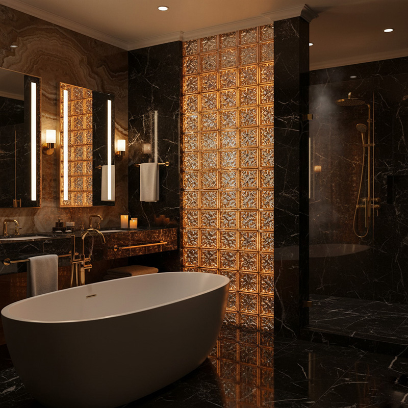 Colored modern decorative glass tile collection by ORNVITRUM featuring textured crystal and hot-melt glass panels for interior partitions and walls.