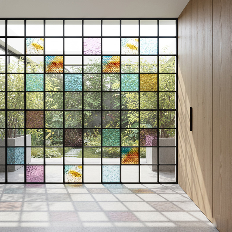Colored modern decorative glass tile collection by ORNVITRUM featuring textured crystal and hot-melt glass panels for interior partitions and walls.