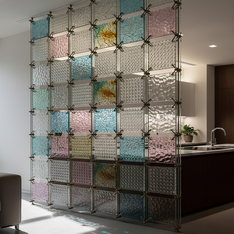 Colored modern decorative glass tile collection by ORNVITRUM featuring textured crystal and hot-melt glass panels for interior partitions and walls.