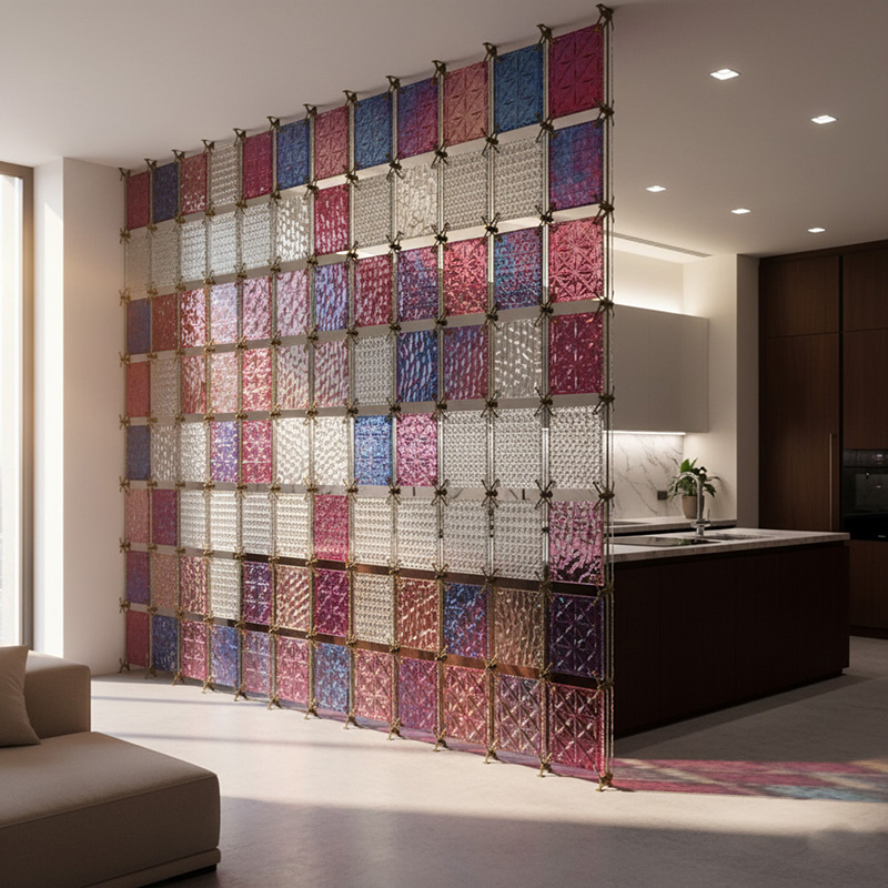 Colored modern decorative glass tile collection by ORNVITRUM featuring textured crystal and hot-melt glass panels for interior partitions and walls.