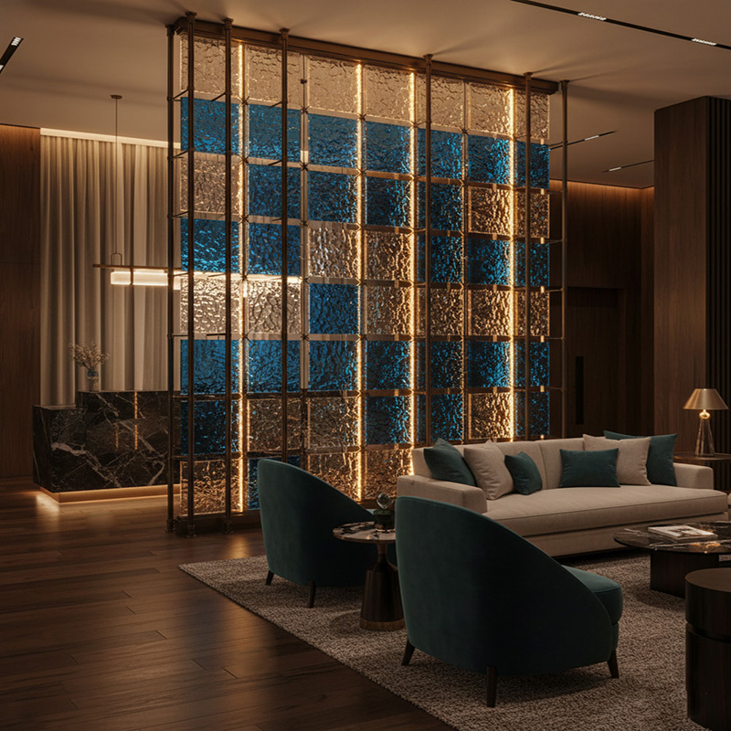 Colored modern decorative glass tile collection by ORNVITRUM featuring textured crystal and hot-melt glass panels for interior partitions and walls.