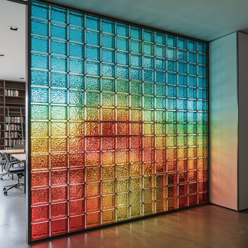 Colored modern decorative glass tile collection by ORNVITRUM featuring textured crystal and hot-melt glass panels for interior partitions and walls.