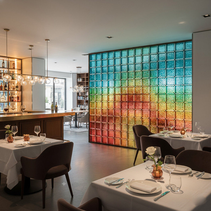 Colored modern decorative glass tile collection by ORNVITRUM featuring textured crystal and hot-melt glass panels for interior partitions and walls.