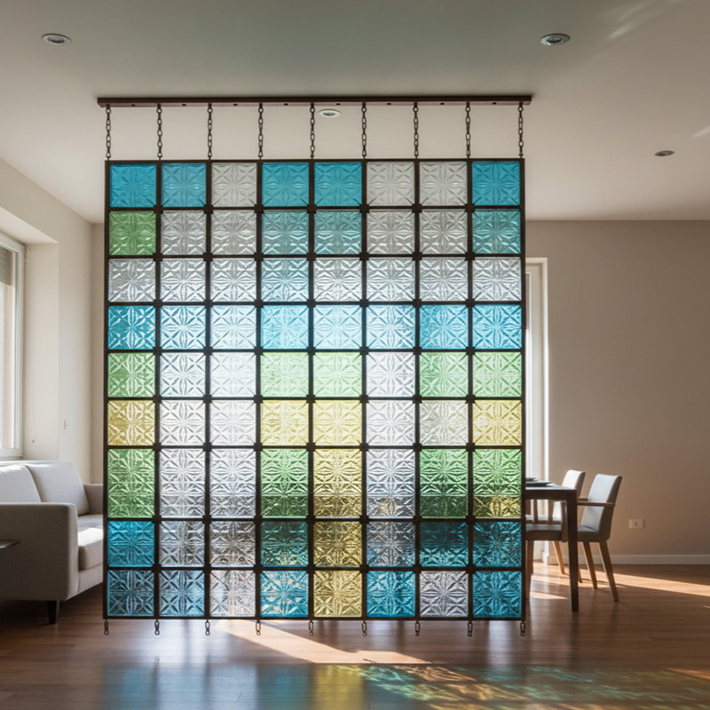 Colored modern decorative glass tile collection by ORNVITRUM featuring textured crystal and hot-melt glass panels for interior partitions and walls.
