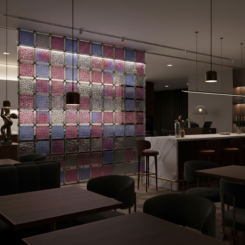 Colored modern decorative glass tile collection by ORNVITRUM featuring textured crystal and hot-melt glass panels for interior partitions and walls.
