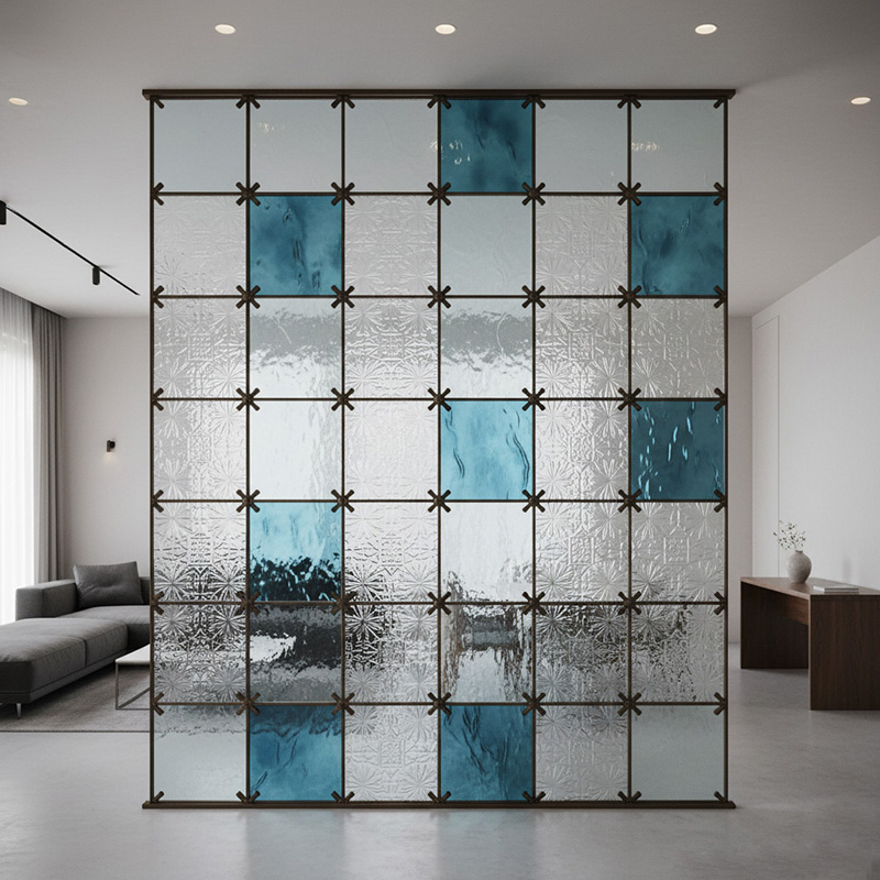 Colored modern decorative glass tile collection by ORNVITRUM featuring textured crystal and hot-melt glass panels for interior partitions and walls.