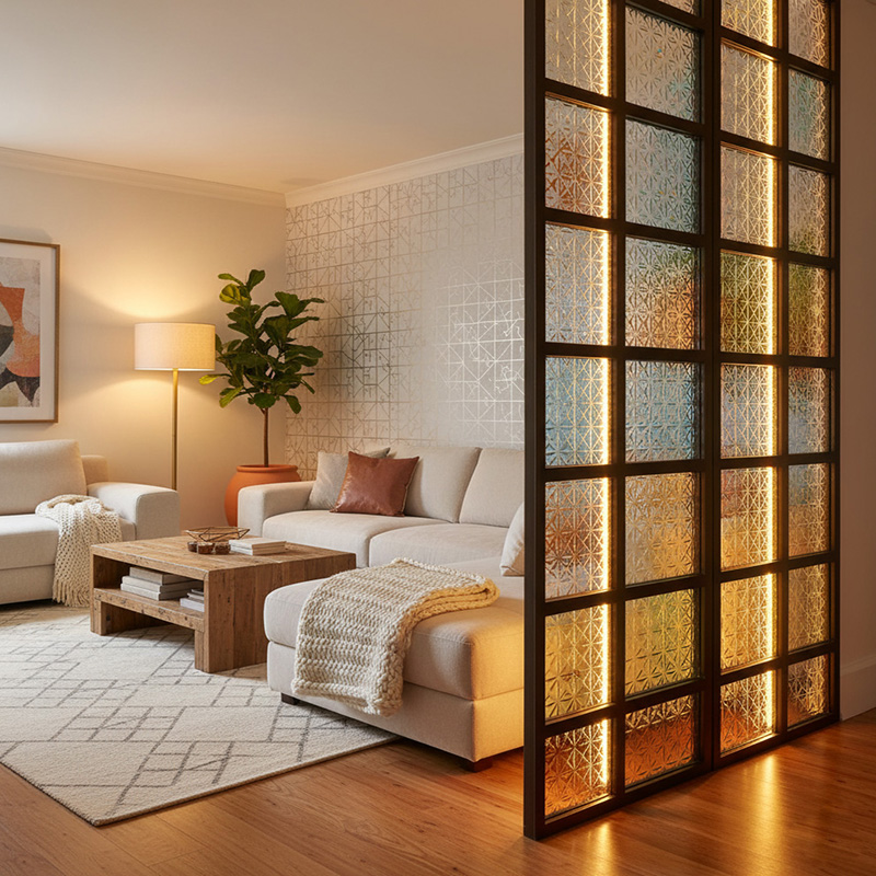 Colored modern decorative glass tile collection by ORNVITRUM featuring textured crystal and hot-melt glass panels for interior partitions and walls.